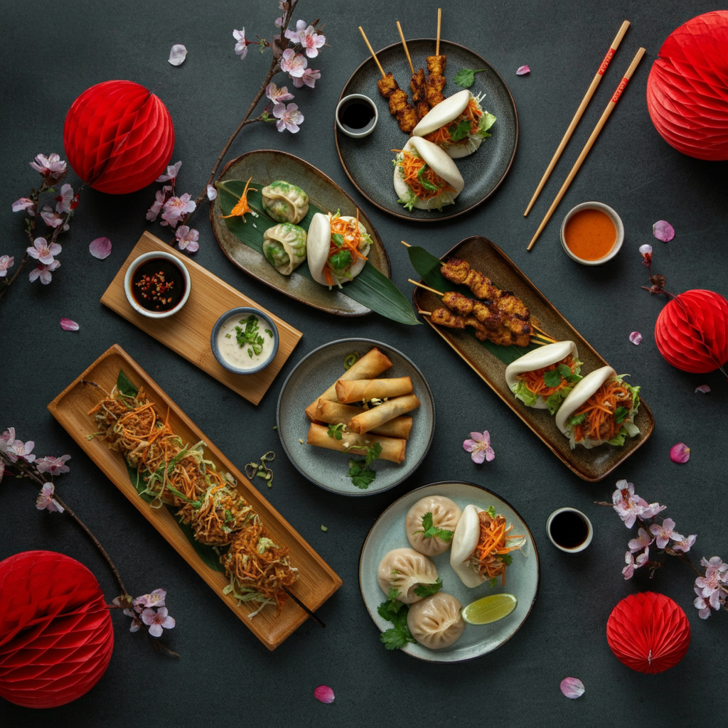 Flat lay of Asian appetizers with spring rolls, dumplings, bao buns, and skewers on bamboo trays, styled with cherry blossoms and red lanterns.