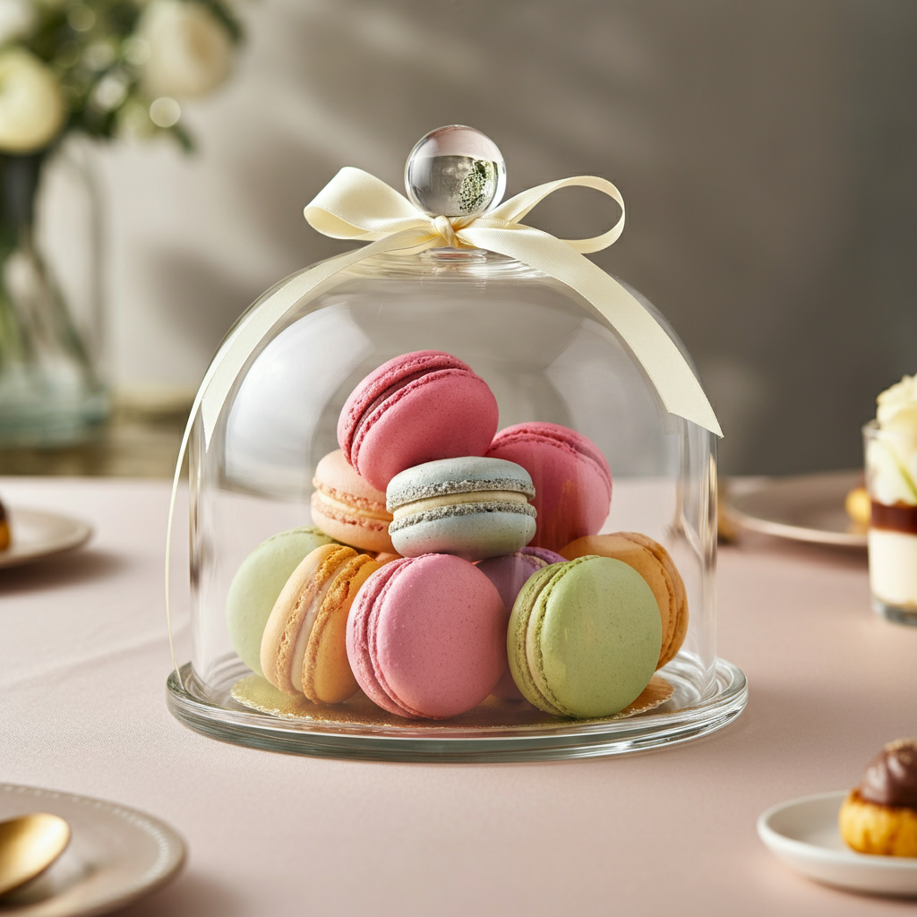 A clear macaroon dome box showcasing colorful French macarons, elegantly displayed on a chic dessert table with light floral décor.