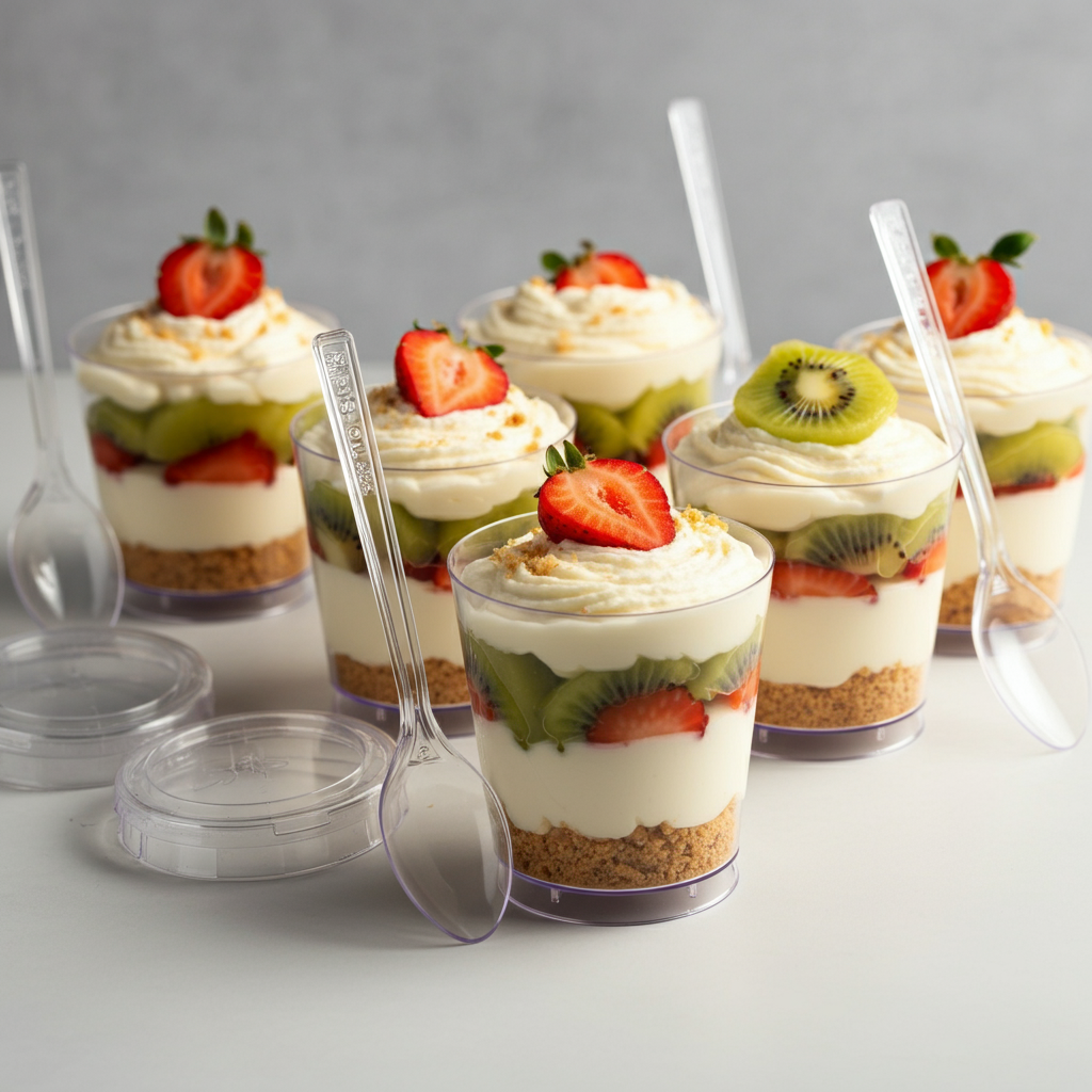 Layered strawberry and kiwi parfait in a clear 5oz acrylic dessert cup with mini plastic spoon and secure lid, displayed on a tray for an elegant dessert table presentation.