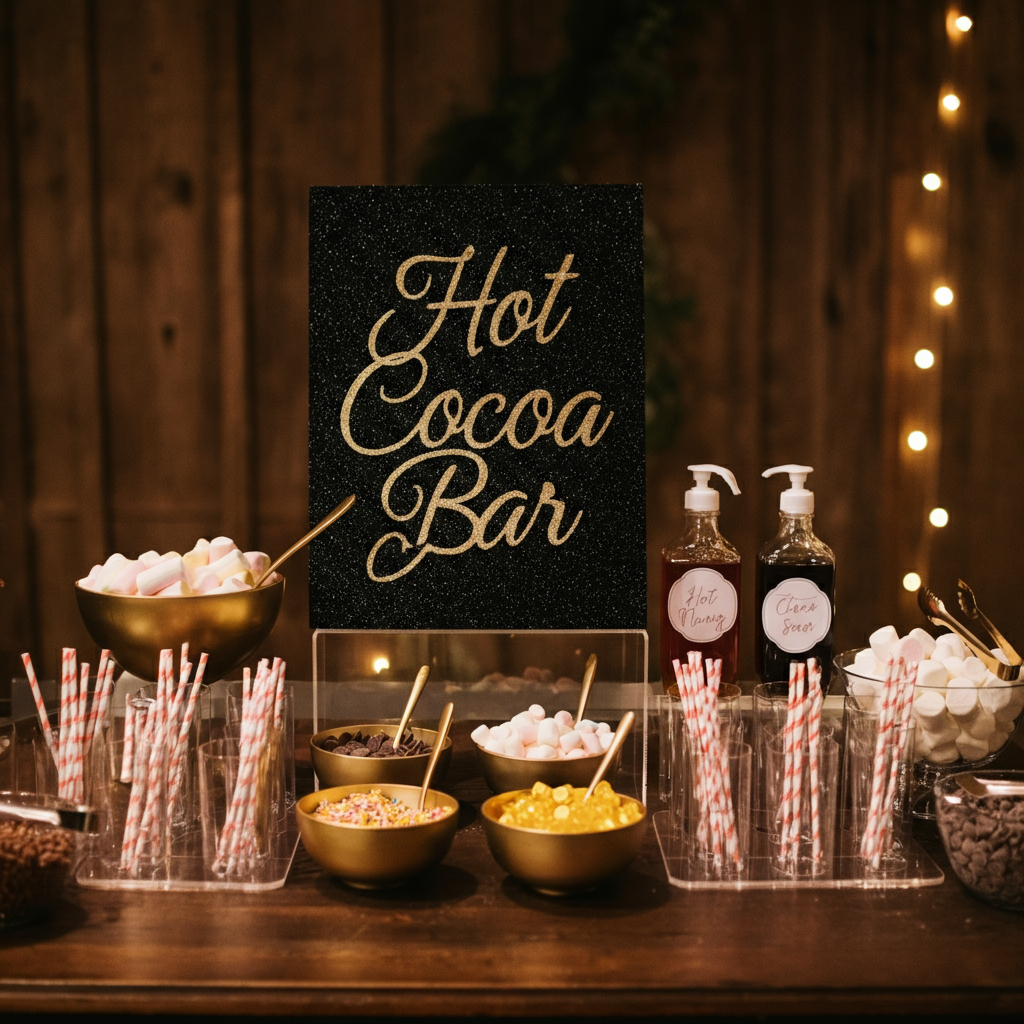 Create an elegant hot cocoa bar setup featuring a black sparkle "Hot Cocoa Bar" sign as the centerpiece, surrounded by four gold topping bowls filled with colorful marshmallows, chocolate chips, and sprinkles, each with matching gold spoons.