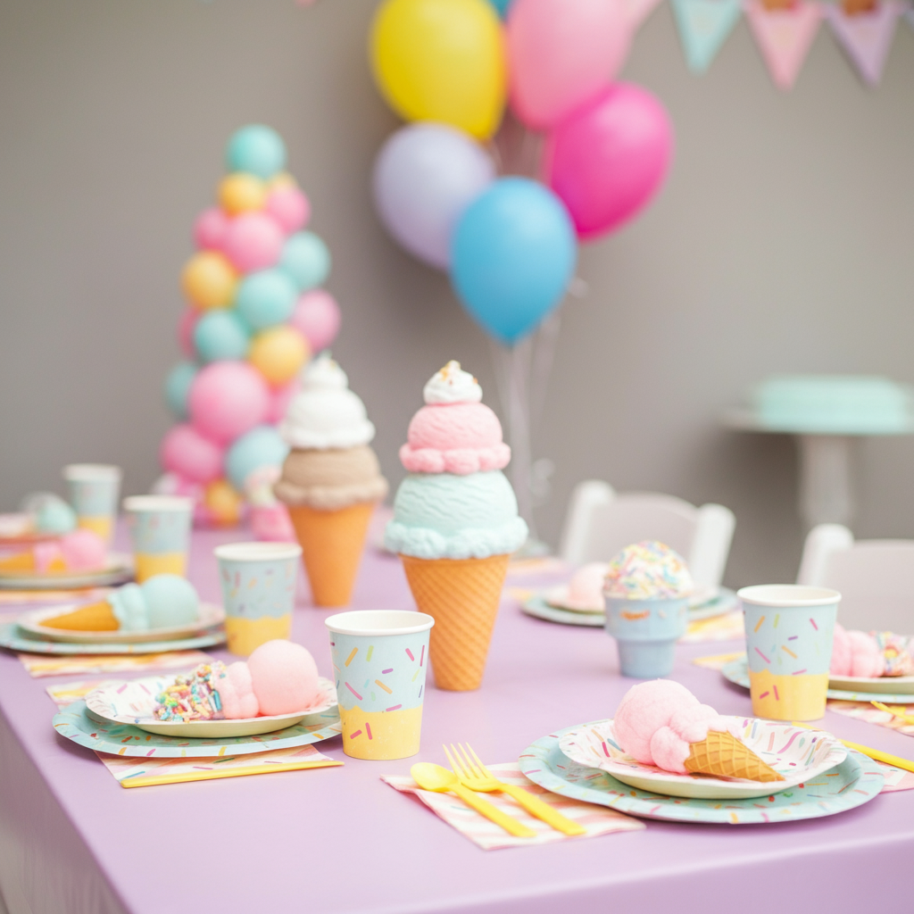 Beautiful ice cream party tableware display featuring colorful ice cream plates, themed napkins, party favors, and ice cream theme party supplies arranged on a festive table setting for birthday celebration