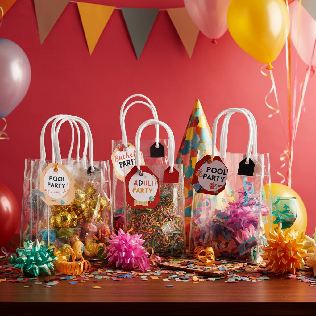A vibrant illustration of various party bags, including clear bags, goodie bags, and favor bags, displayed on a festive table with confetti, balloons, and streamers.
