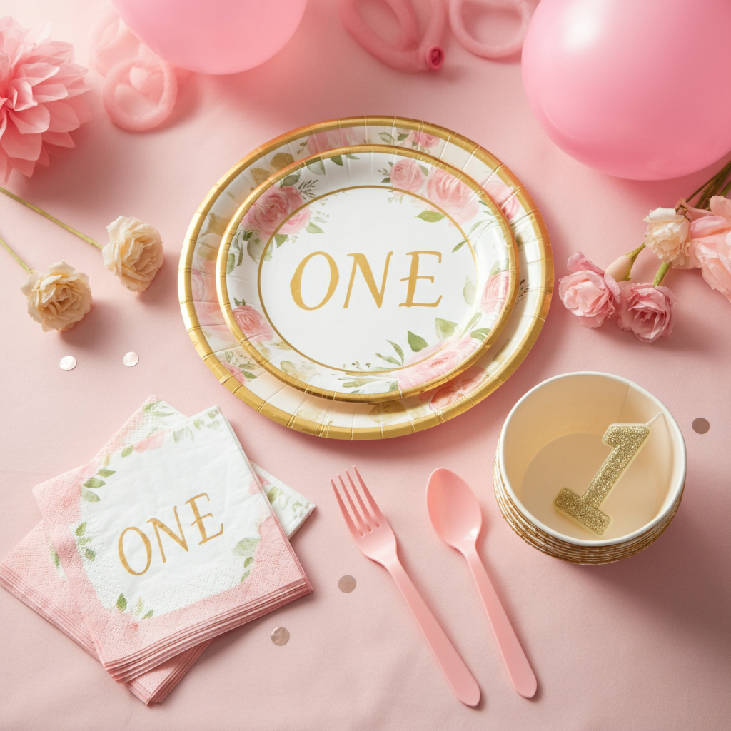 Pink and Gold 1st Birthday Party Set.