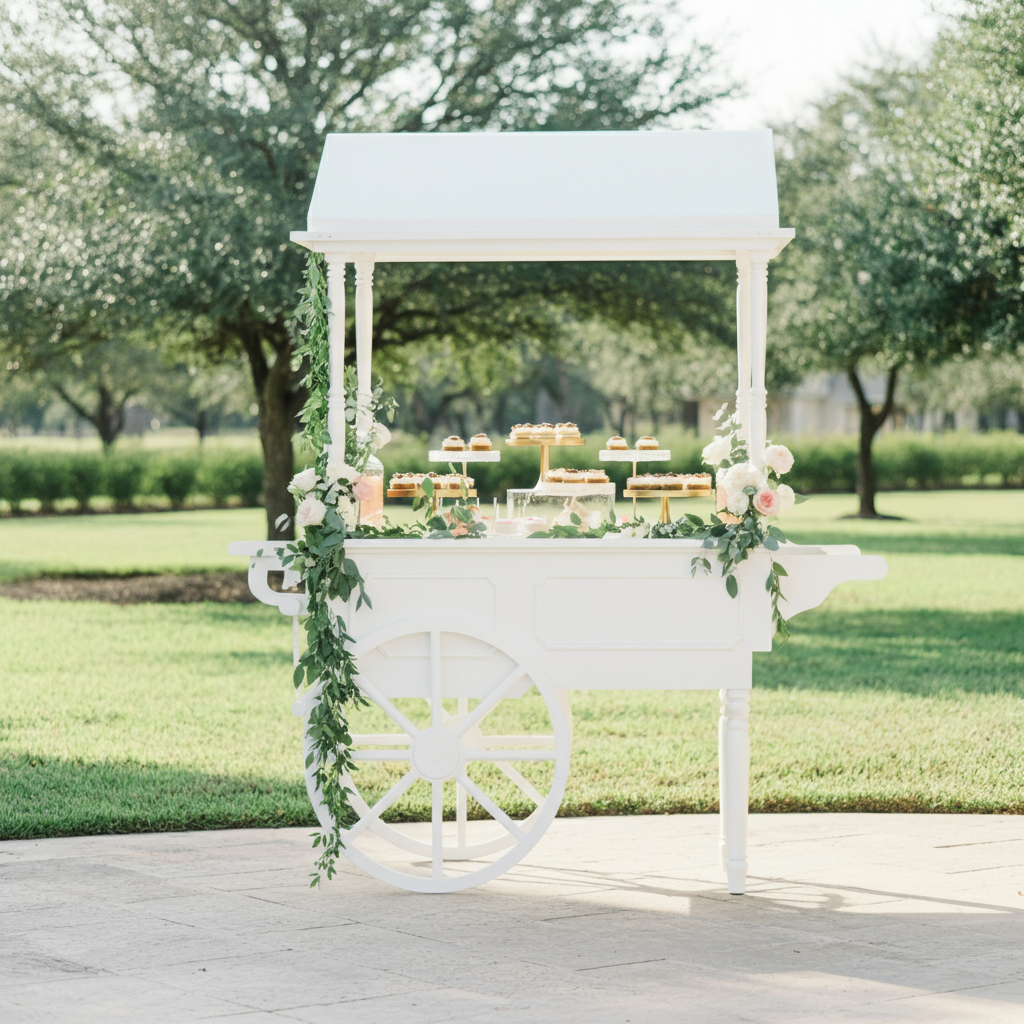 A stylish white candy cart set up outdoors in Williamson County, Texas, styled as a dessert cart with colorful treats and elegant decorations, perfect for weddings and parties.