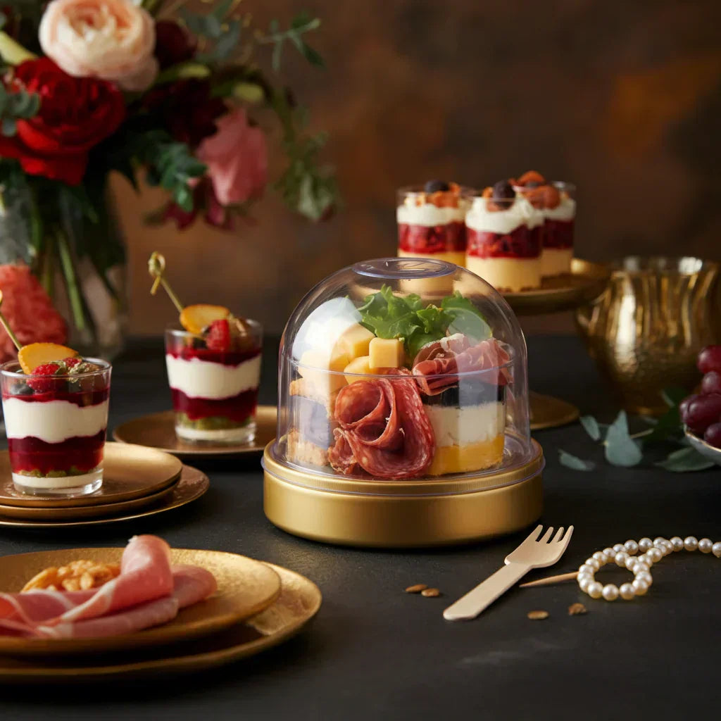 Gold Charcuterie Dome with gold pearl toothpick and mini wooden fork at an event.