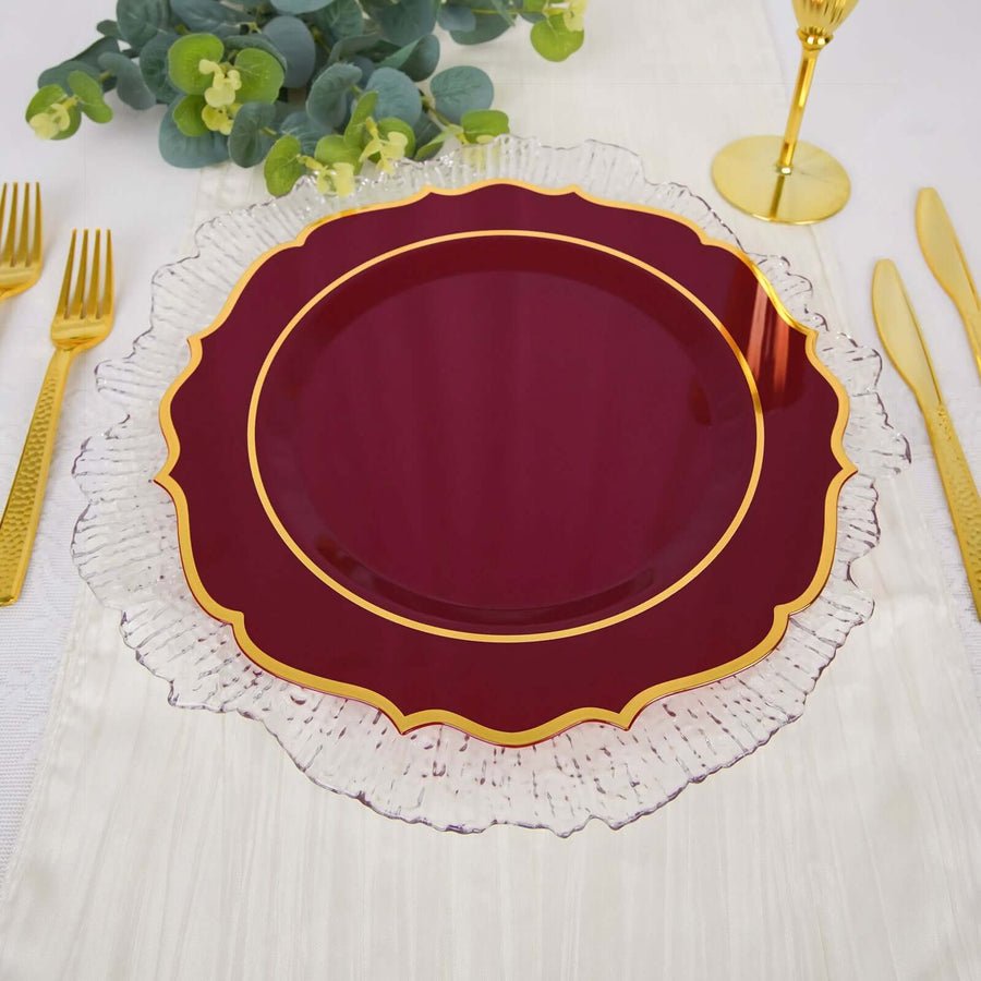 Dusty rose plastic plate with gold rim on ornate charger – elegant disposable dinnerware for banquets
