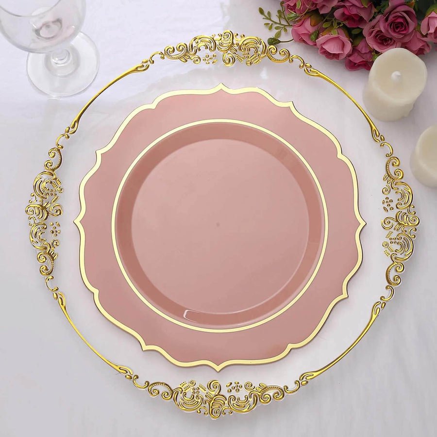 Rose pink plastic dinner plate with gold rim – ornate disposable tableware for luxury celebrations