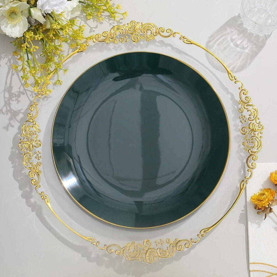 Black glossy plastic dinner plate with gold rim. Disposable tableware for elegant events and weddings.