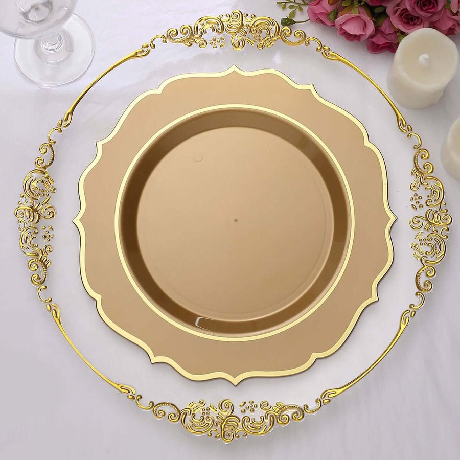 Gold scalloped charger and plate set – ornate disposable dinnerware for luxury table settings
