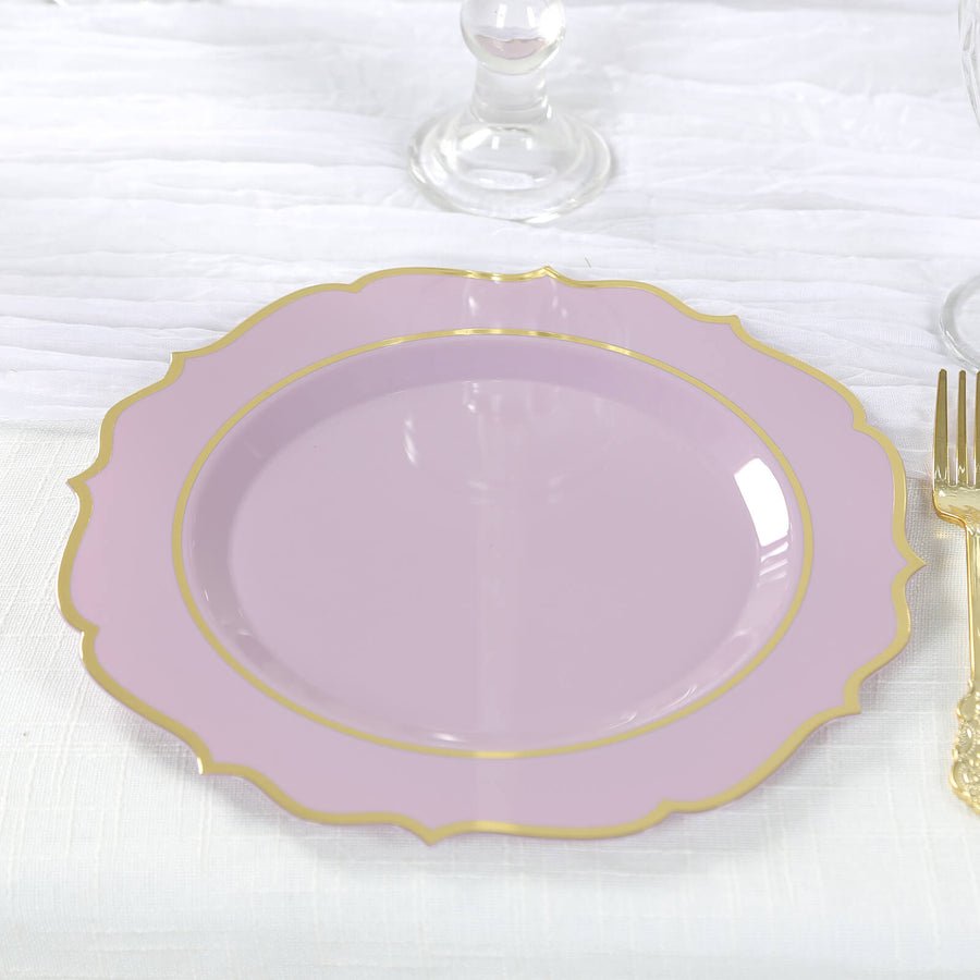 Lilac plastic dinner plate with gold rim – modern disposable tableware for weddings and parties