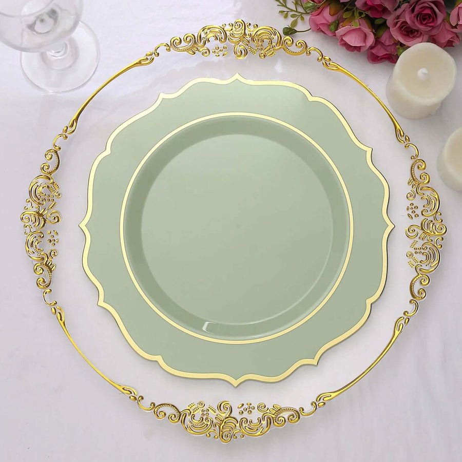 Green plastic dinner plate with gold rim – stylish disposable tableware for events and banquets