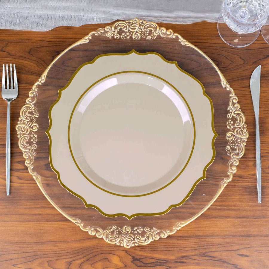 Gold-rimmed beige plate set on ornate charger – elegant plastic dinner plate for receptions