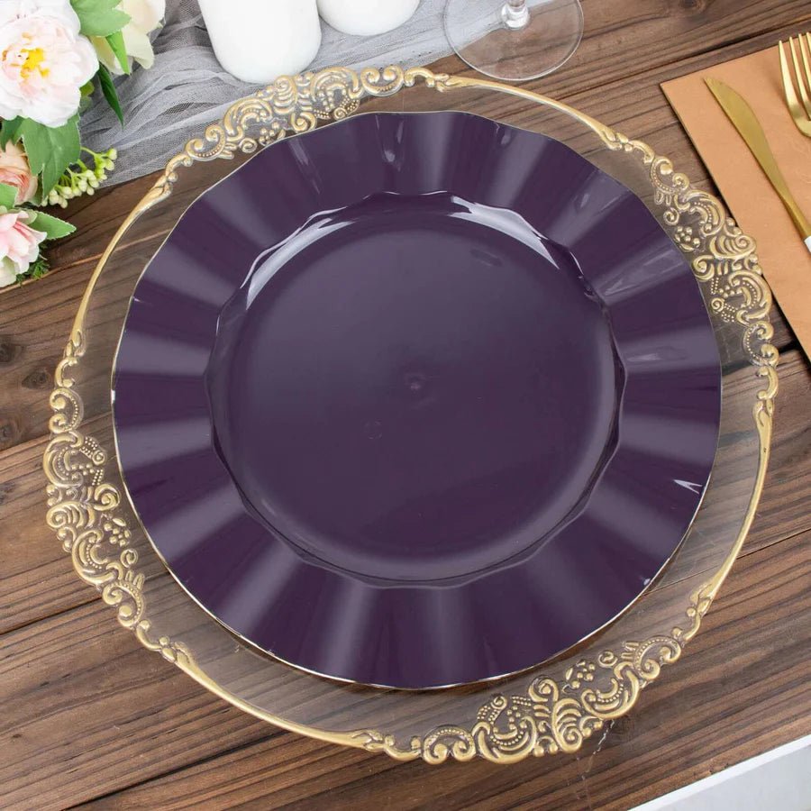 10 - Pack Ruffled Rim Round Plastic Dinner Plates – Elegant Disposable Party Plates for Weddings, Banquets & Events