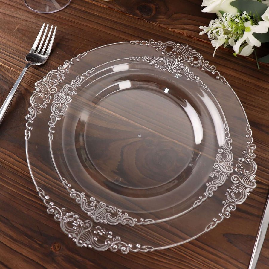 Regal Baroque Round Plastic Dinner Plates – Fancy Disposable Plates for Weddings, Banquets & Events - Pretty Party Boxx