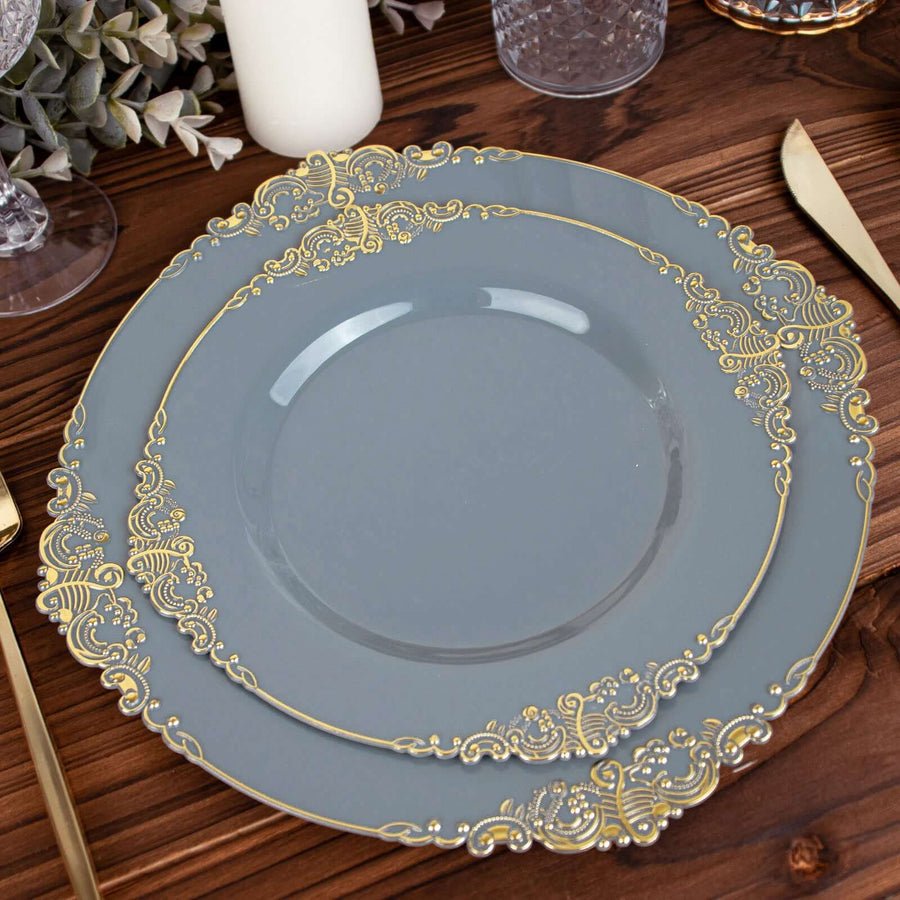 Regal Baroque Round Plastic Dinner Plates – Fancy Disposable Plates for Weddings, Banquets & Events - Pretty Party Boxx