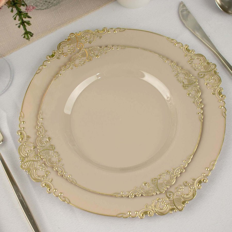 Regal Baroque Round Plastic Dinner Plates – Fancy Disposable Plates for Weddings, Banquets & Events - Pretty Party Boxx