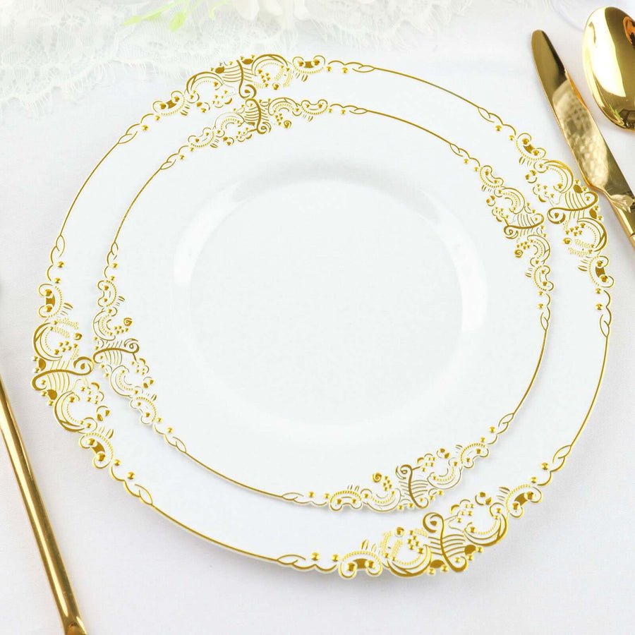 Regal Baroque Round Plastic Dinner Plates – Fancy Disposable Plates for Weddings, Banquets & Events - Pretty Party Boxx