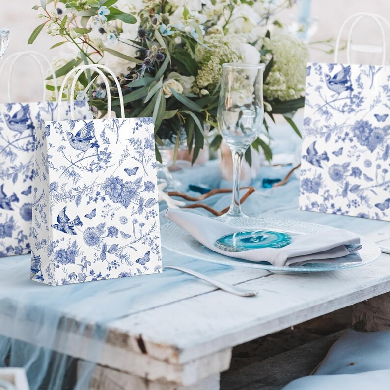 12 Pack French Toile Paper Gift Bags with Handles – Party Favor Goodie Bags - Pretty Party Boxx
