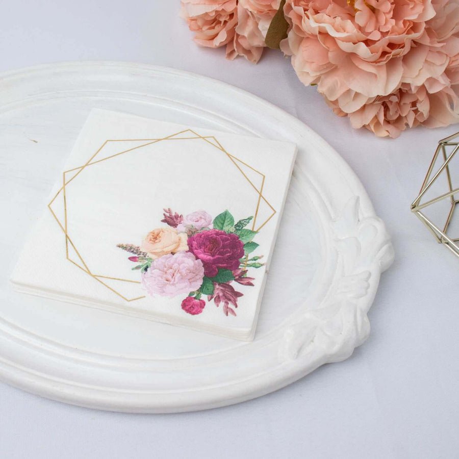 20 - Pack Elegant Paper Cocktail Napkins – Peony Flower Print with Gold Trim for Weddings & Events - Pretty Party Boxx