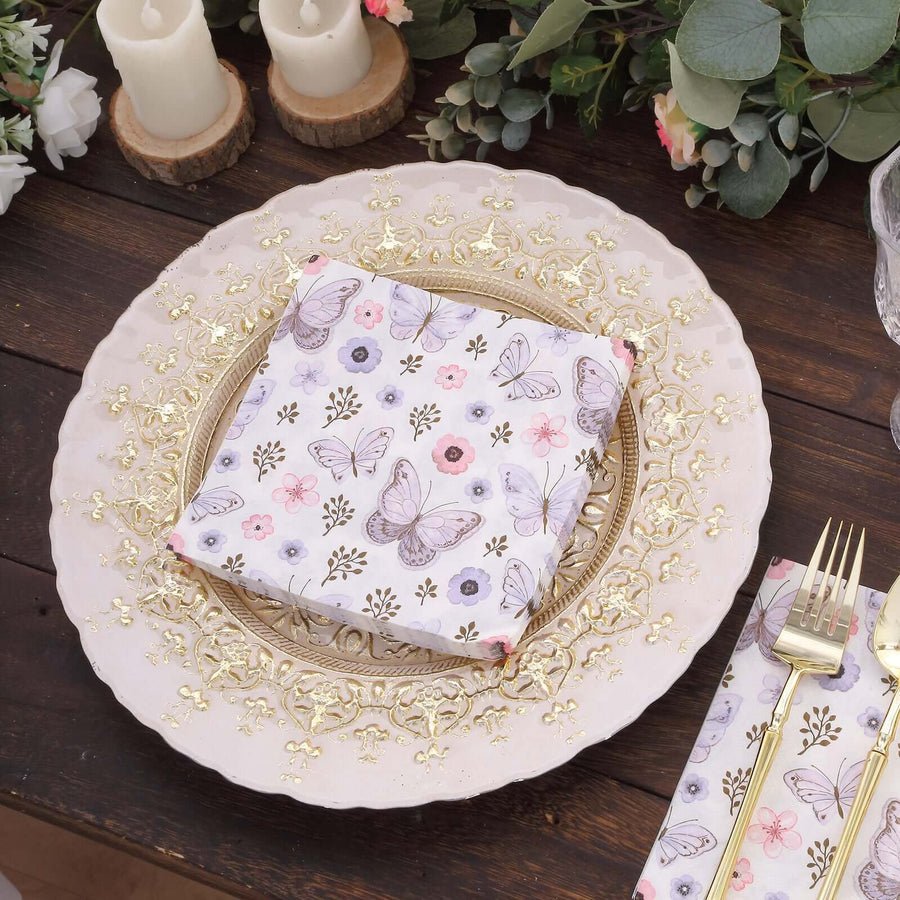 20 - Pack Elegant Paper Cocktail Napkins – Peony Flower Print with Gold Trim for Weddings & Events - Pretty Party Boxx