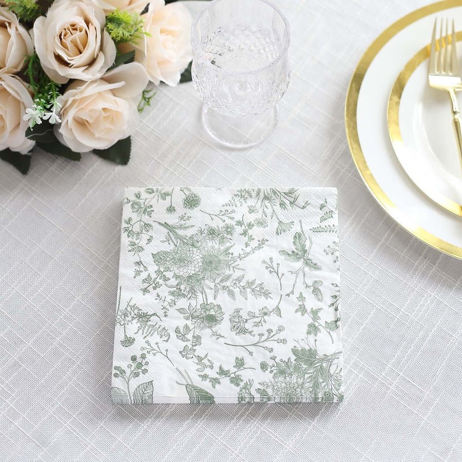 20 - Pack Elegant Paper Cocktail Napkins – Peony Flower Print with Gold Trim for Weddings & Events - Pretty Party Boxx