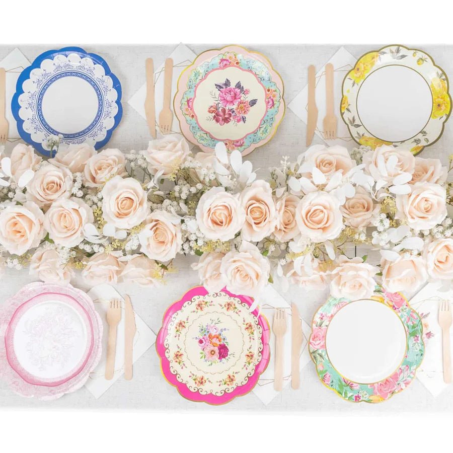 Assorted Vintage Mixed Floral Paper Dinner Plates – Scalloped - Edge Design. - Pretty Party Boxx