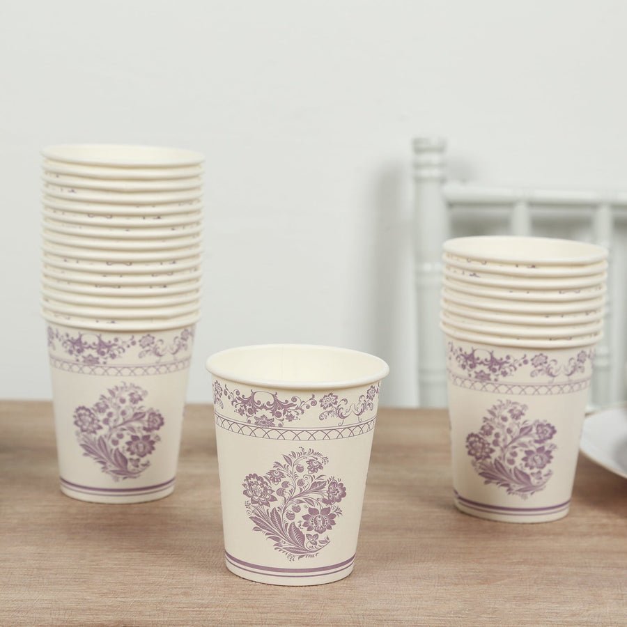 Purple floral paper cups – classy disposable drinkware for weddings and special events