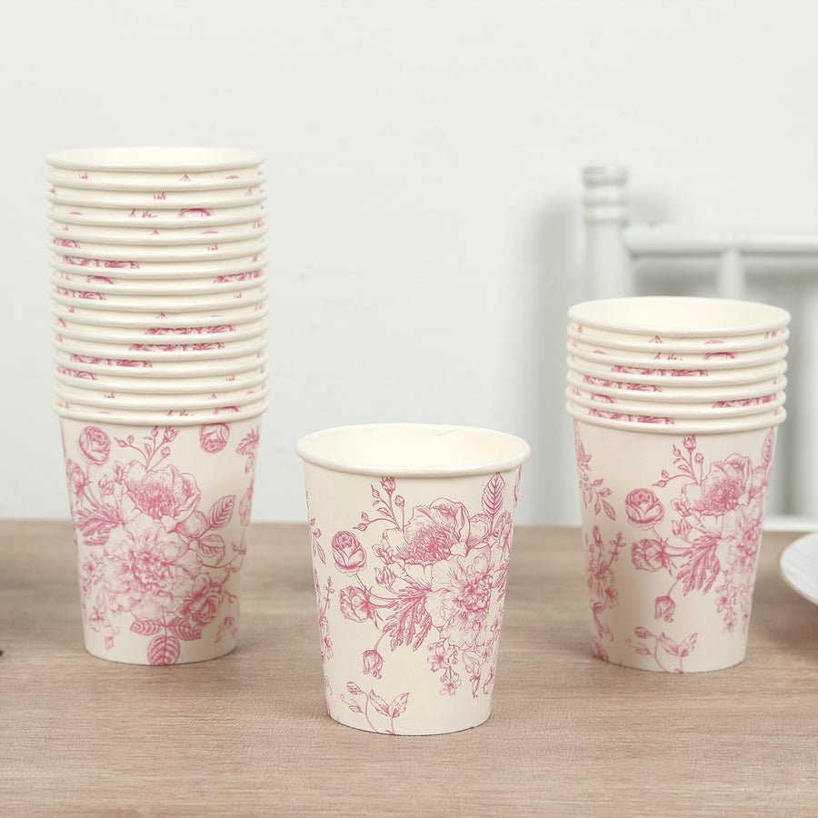 Pink floral paper cups – premium disposable drinkware for weddings and baby showers