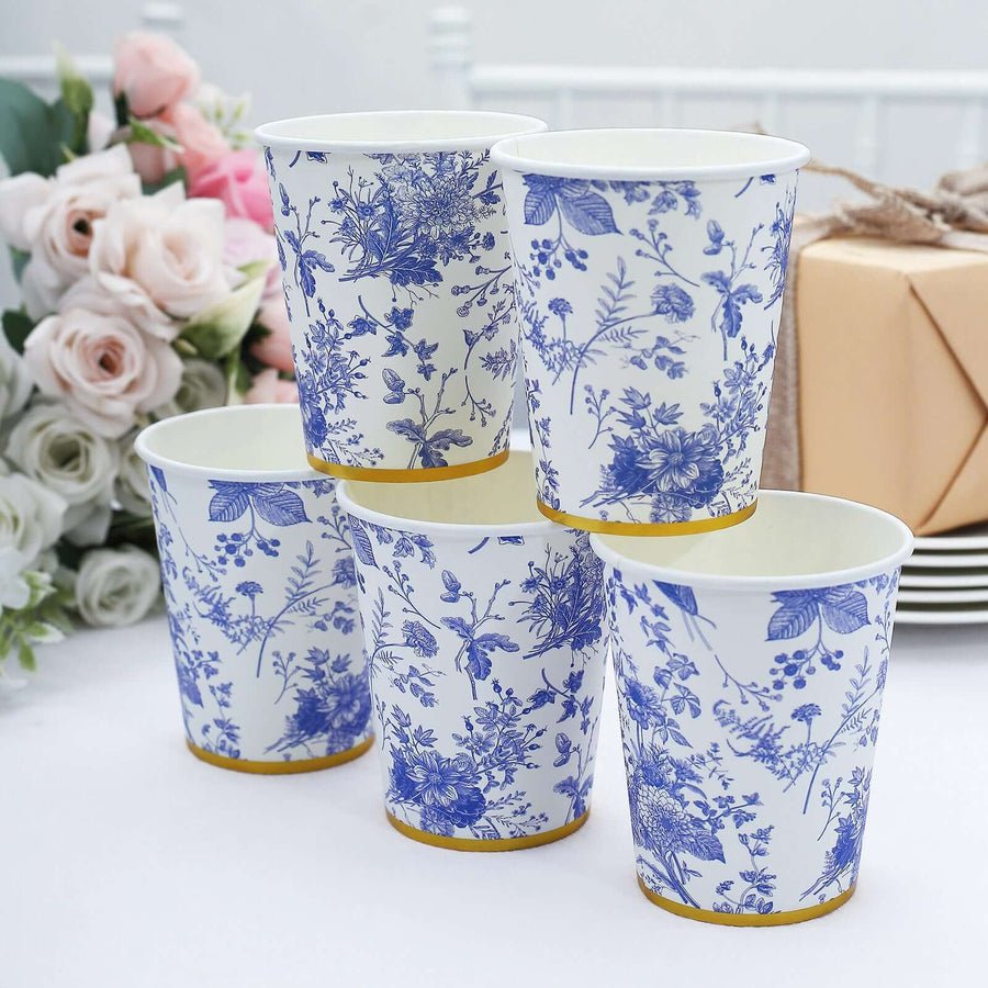 Blue floral paper cups – elegant disposable drinkware for weddings and tea parties