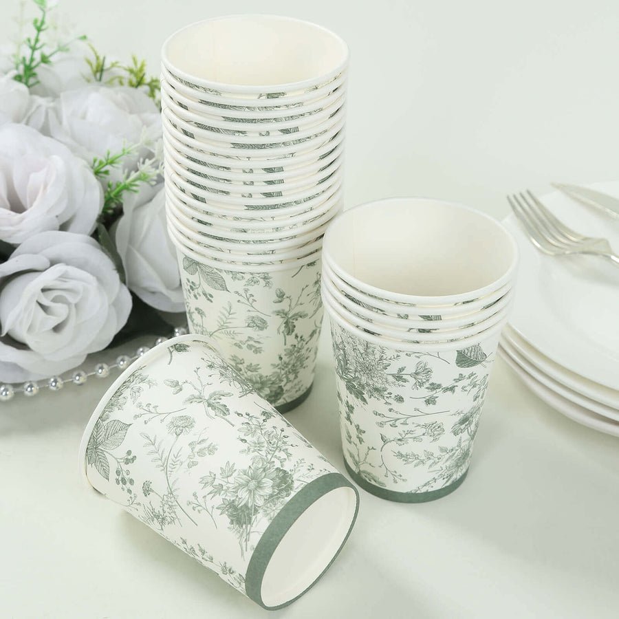 Green floral paper cups – elegant disposable drinkware for parties and celebrations