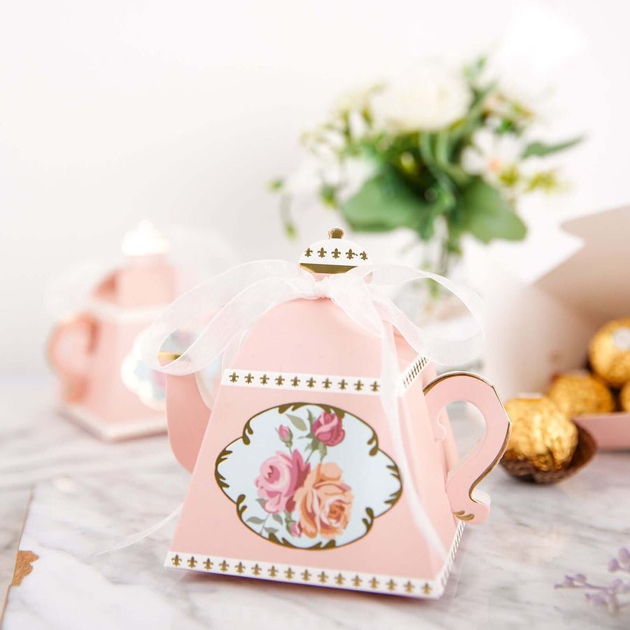 25 - Pack Mini Teapot Party Favor Boxes – Pink Peony Floral Gift Boxes for Weddings & Tea Parties - Pretty Party Boxx