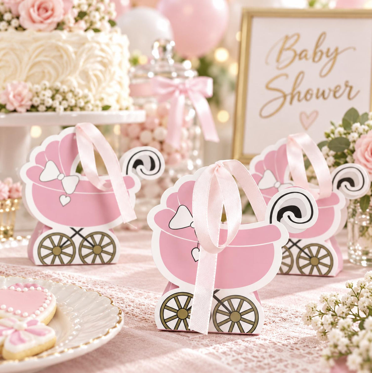 25 Pack Baby Stroller Party Favor Gift Boxes – Cardstock Carriage Candy Boxes with Ribbon Ties - Pretty Party Boxx