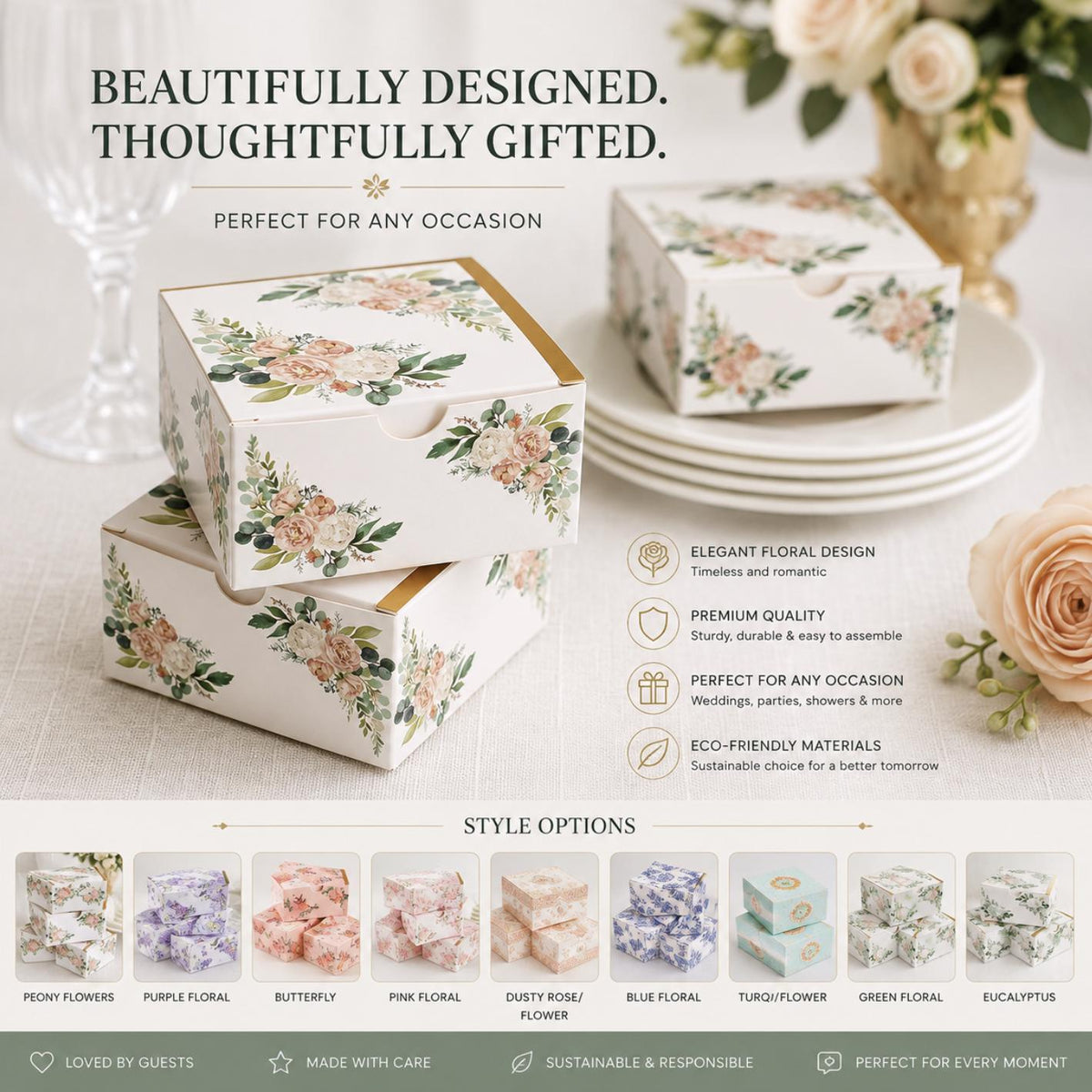 Shabby chic pink favor box with vintage floral design. Elegant wedding or party treat boxes.