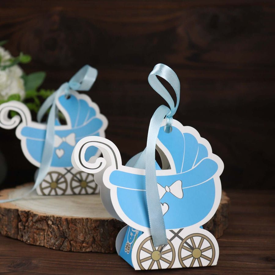 25 Pack Baby Stroller Party Favor Gift Boxes – Cardstock Carriage Candy Boxes with Ribbon Ties - Pretty Party Boxx