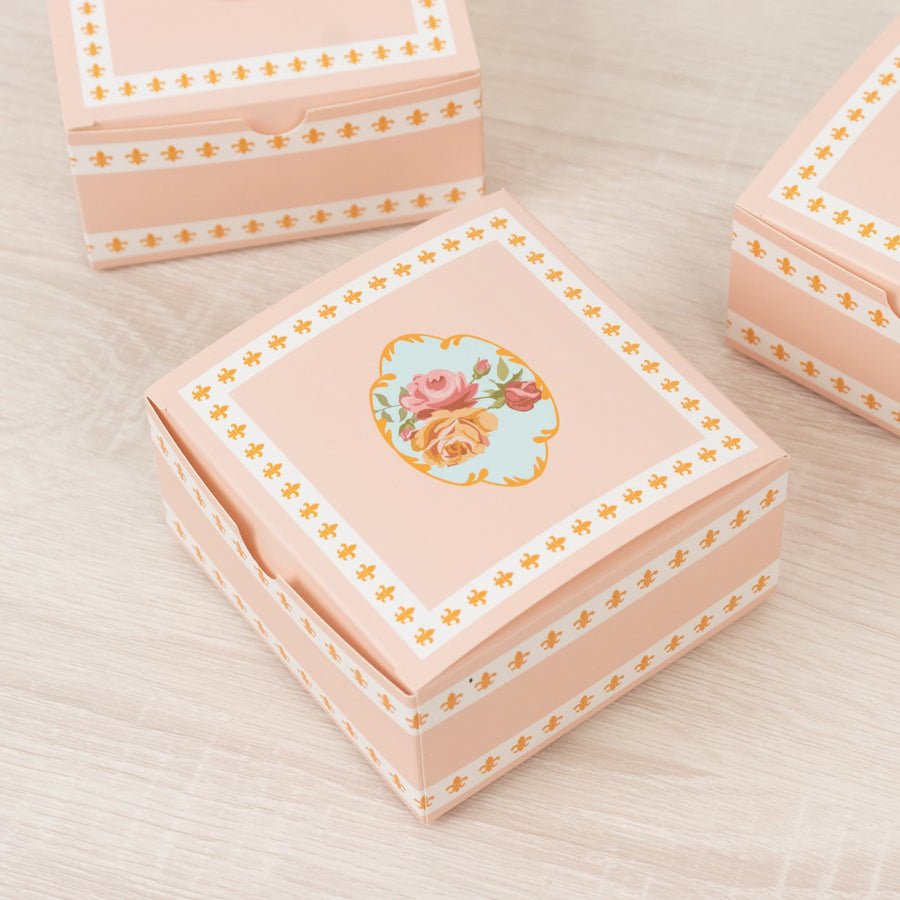 Shabby chic pink favor box with vintage floral design. Elegant wedding or party treat boxes.