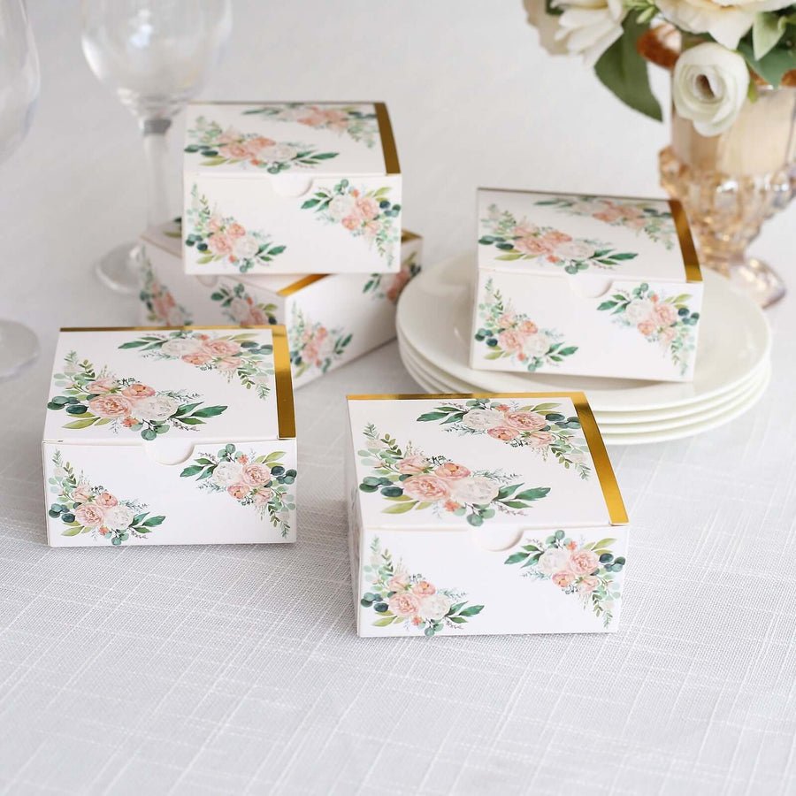 Plain white favor box on a lace tablecloth. Versatile small gift box for all occasions.