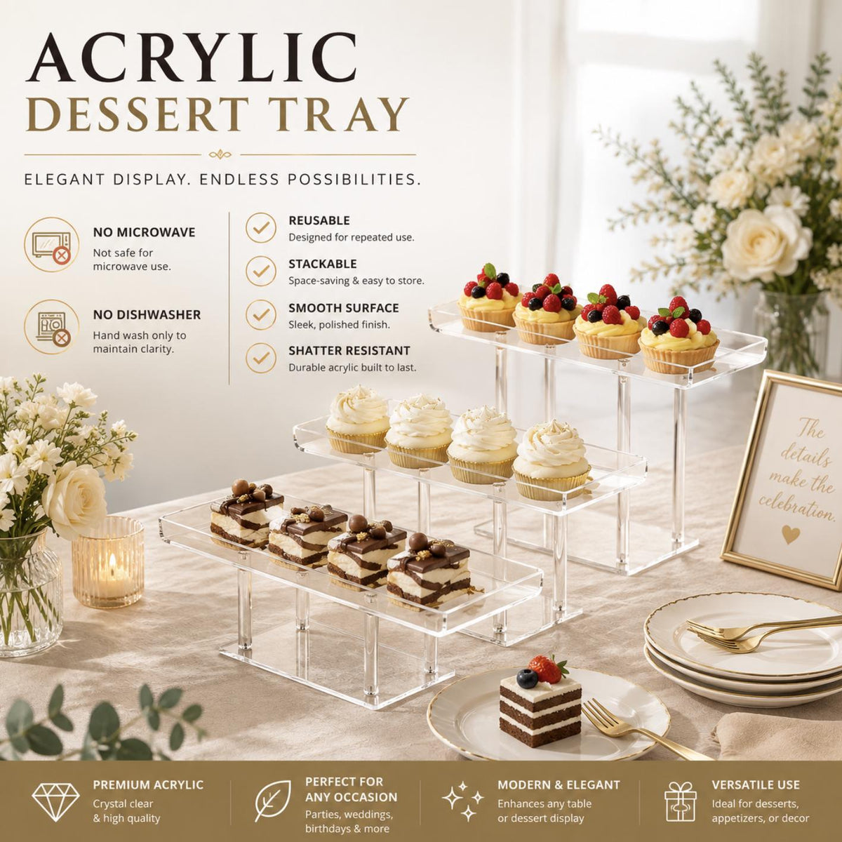 3 - Tier Acrylic Dessert Display Stand - Clear Cake Stands for Events - Pretty Party Boxx