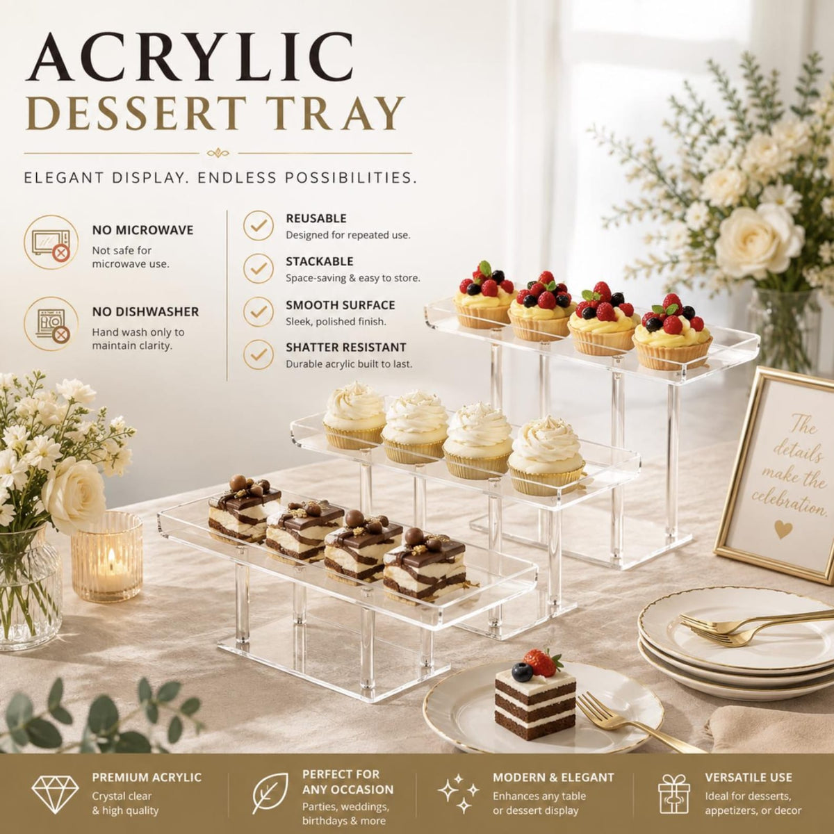 3 - Tier Acrylic Dessert Display Stand - Clear Cake Stands for Events - Pretty Party Boxx