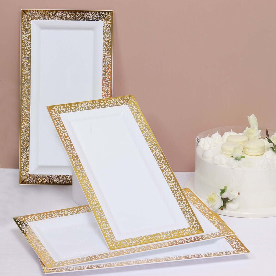 White rectangular trays with gold lace border – elegant dessert serving platters