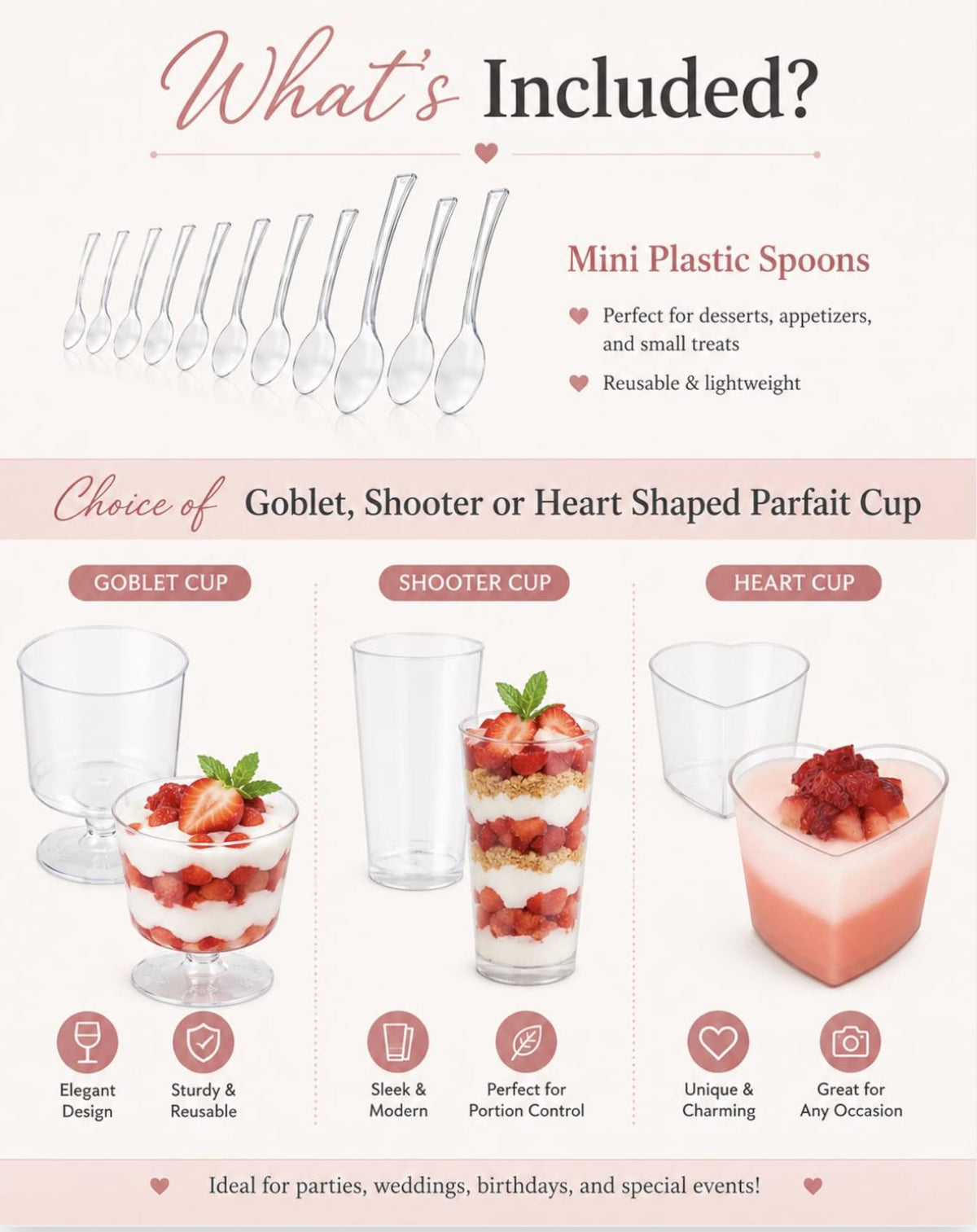5oz Acrylic Dessert Parfait Cups with Lids & Mini Plastic Spoons - Party Favor Set - Pretty Party Boxx