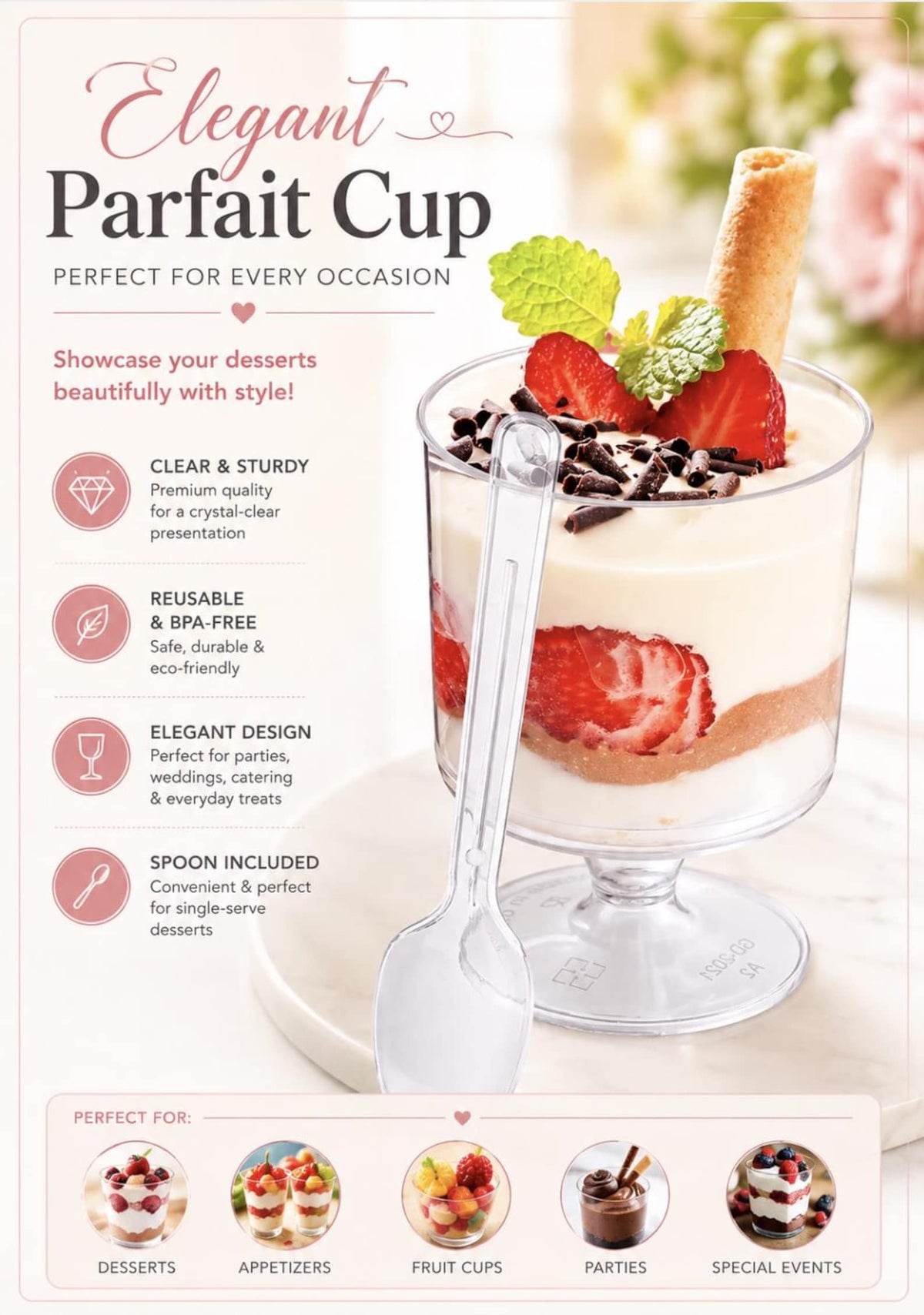 5oz Acrylic Dessert Parfait Cups with Lids & Mini Plastic Spoons - Party Favor Set - Pretty Party Boxx