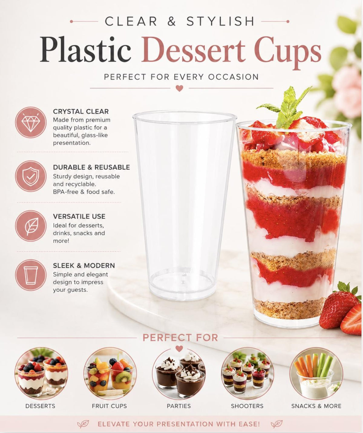 5oz Acrylic Dessert Parfait Cups with Lids & Mini Plastic Spoons - Party Favor Set - Pretty Party Boxx