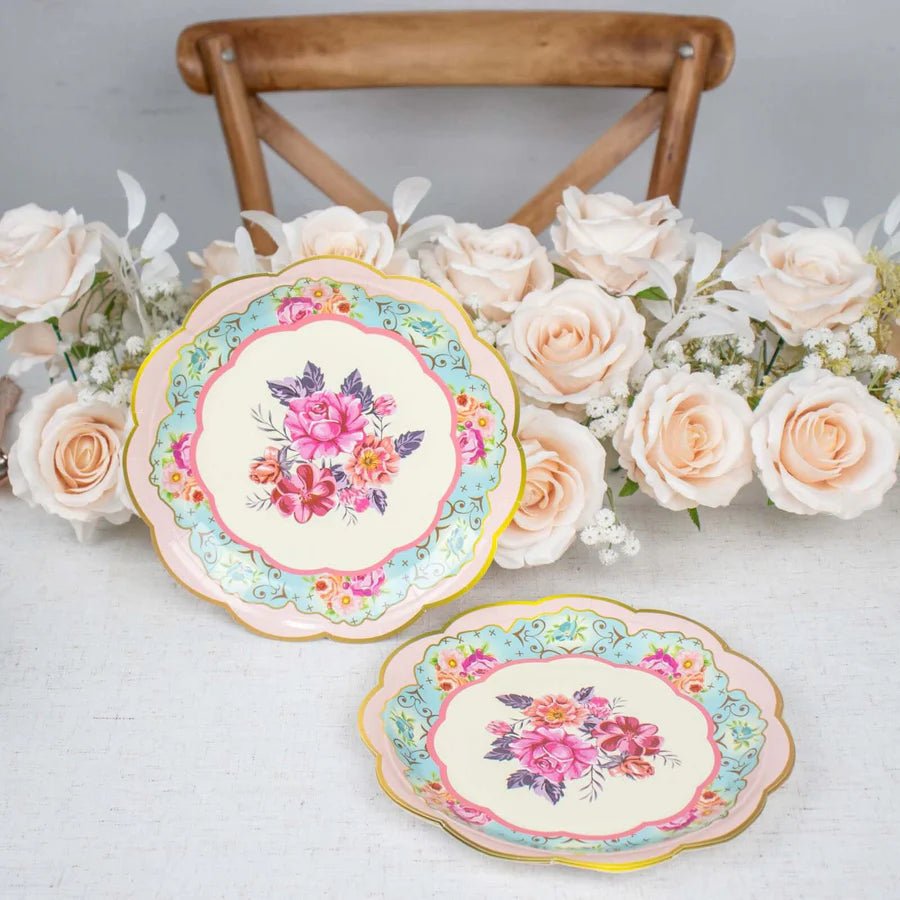 Assorted Vintage Mixed Floral Paper Dinner Plates – Scalloped - Edge Design. - Pretty Party Boxx