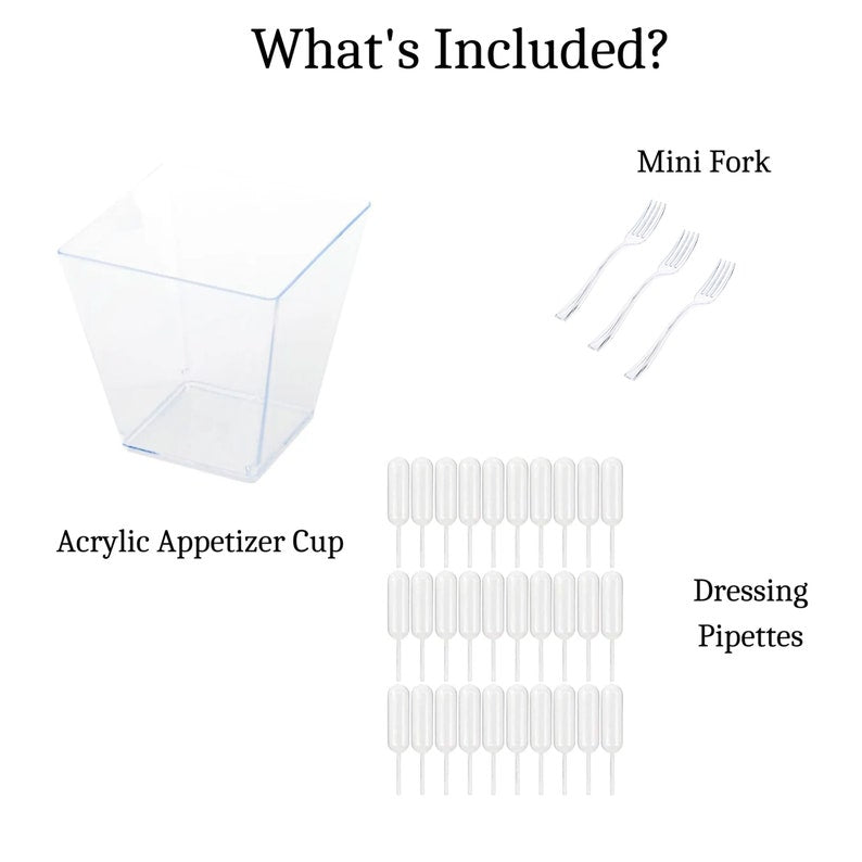 Set of clear acrylic cups with pipettes and mini forks for a grazing table.