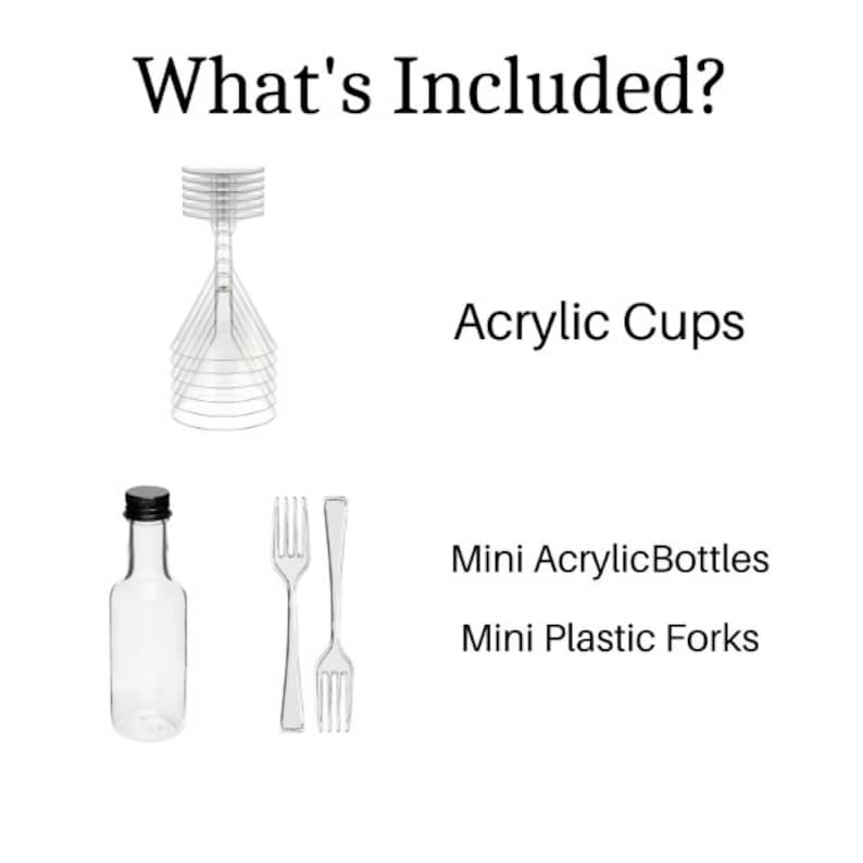 Full set with acrylic cups, mini forks, and mini dressing bottles included