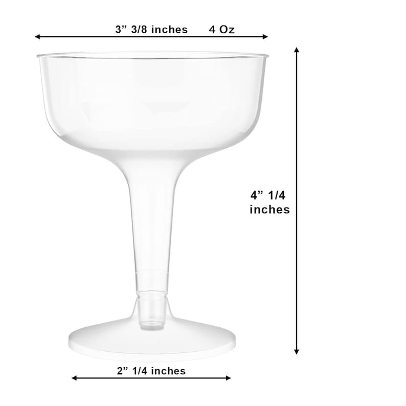Acrylic champagne glass size dimensions diagram showing measurements for plastic champagne glasses party planning guide.
