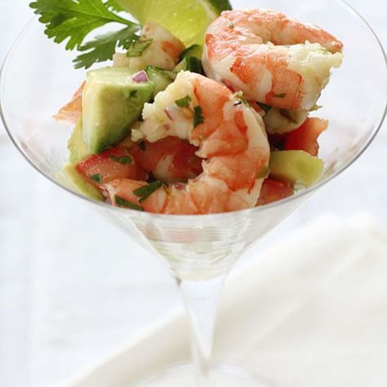 Acrylic martini appetizer cup with shrimp cocktail and garnish