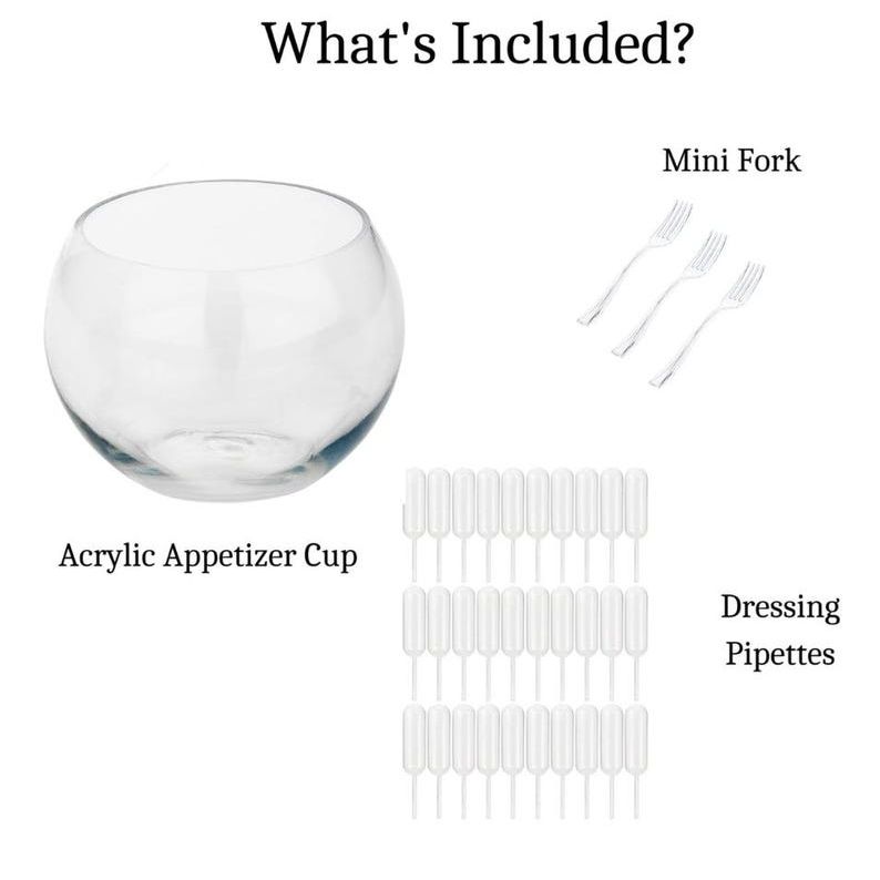 Clear sphere appetizer cups with mini forks and dressing pipettes