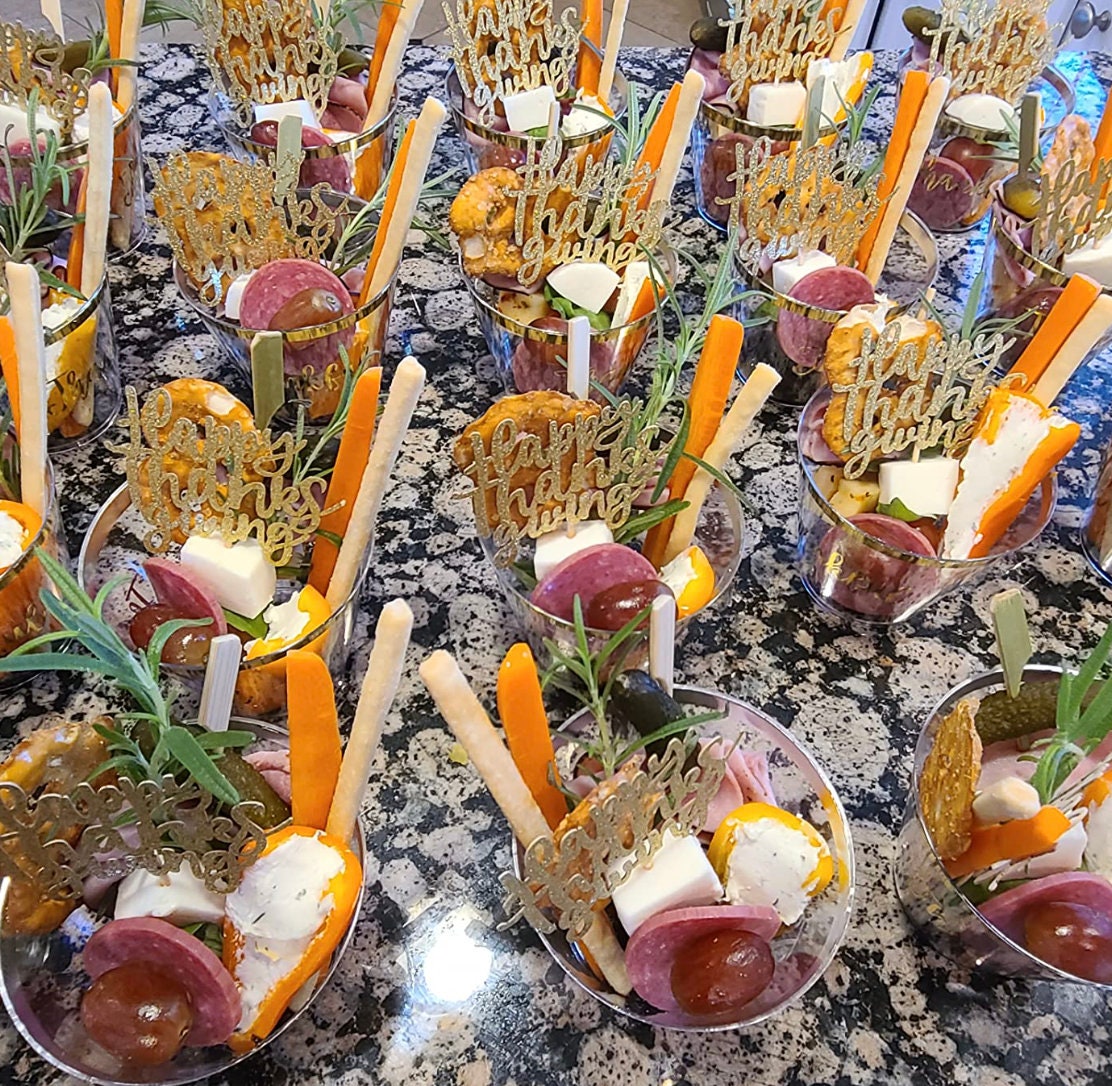 Appetizer skewers arranged with bamboo and charcuterie toothpicks