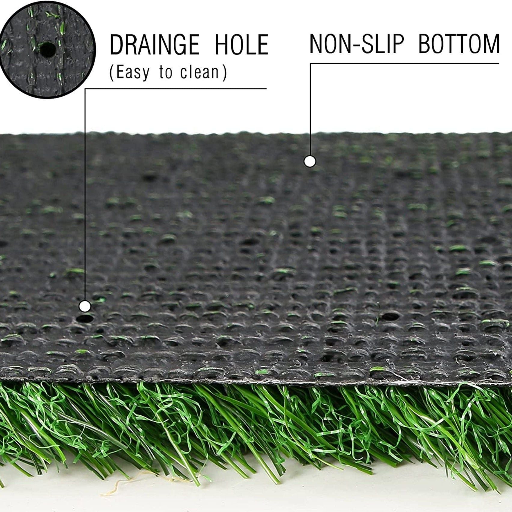 Close-up of artificial turf backing with drainage holes and non-slip bottom